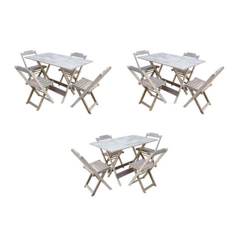 Kit 3 Jogos De Mesa Dobravel Com 4 Cadeiras De Madeira 120X70 Para Restaurante E Bar- Sem Pintura