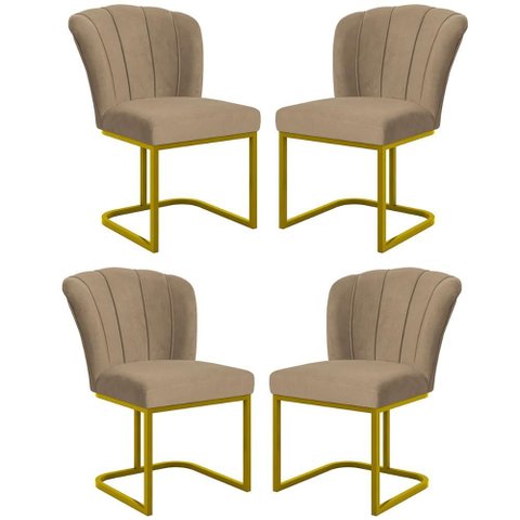 Kit 4 Cadeira Poltrona Flor Pés Metal Dourado Mesa Jantar Cozinha Cor:capuccino