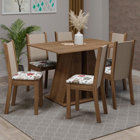 Conjunto Sala de Jantar Mesa Tampo de Madeira 6 Cadeiras Rustic/hibiscos Wendy Madesa