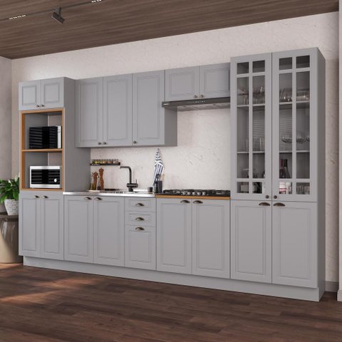Armário de Cozinha Modulada Completa Fidelitá Nara 100% MDF 6 Peças 350cm 18 Portas 2 Gavetas sem