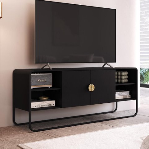 Rack para Sala de Estar TV 55 pol Industrial Orgânico Alek A03 Nero Preto - Lyam Decor
