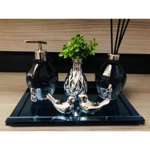 Kit Lavabo Pia Jogo Saboneteira Azul Espelho Vidro Vasinho