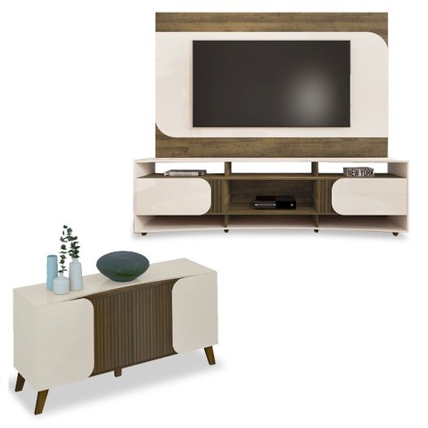 Conjunto Sala Rack C/ Painel P/ Tv até 86", Buffet Aparador 4 Portas Pinho/off White Elegance - Arte