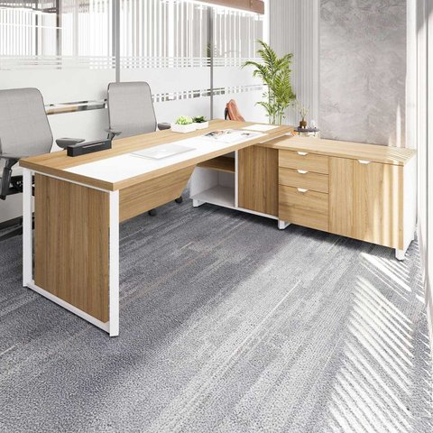 Escrivaninha Mesa Escritório Diretor em L 2,00 com Caixa de Tomadas e Armário Lateral 3 Gavetas 200cm Corporate Macadâmia e Branco Marrom