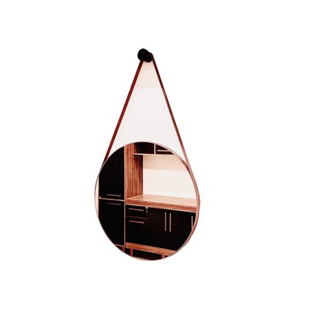 Espelho Adnet Redondo 45cm Alça De Couro + Suporte + Bucha