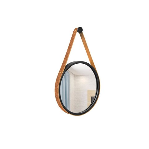 Espelho Decorativo Adnet Preto Alça Corino Rajado 30 cm Redondo Preto/Rajado, 30 cm