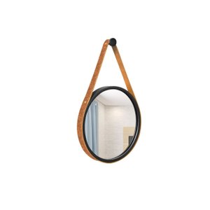 Espelho Decorativo Adnet Preto Alça Corino Rajado 30 cm Redondo Preto/Rajado, 30 cm