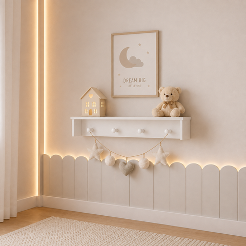 Prateleira Infantil com Pendurador 90cm Branco | MDF e Madeira Pinus |