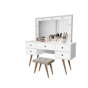 Penteadeira Camarim Anaisa com Banqueta Isa Leds e Espelho: Branca