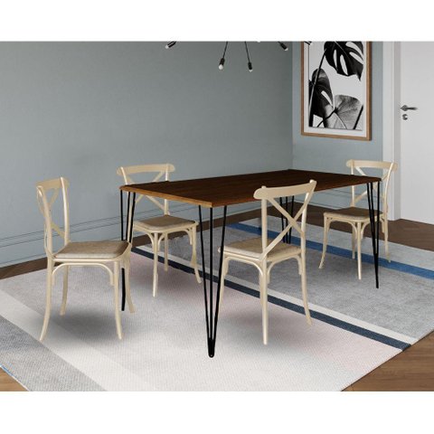 Jogo de Mesa Elen Retangular Tampo de Madeira 140x80cm Preto com 4 Cadeiras Katrina Off White