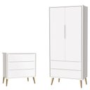 Ver imagem 1 de Cômoda Gaveteiro Infantil e Guarda Roupa 2 Portas Theo Branco Acetinado Pés Madeira Natural – Reller