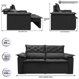 Sofá Top Compact 150 cm Retrátil e Reclinável com Molas Espirais Suede Preto - Sofá na Web - 4