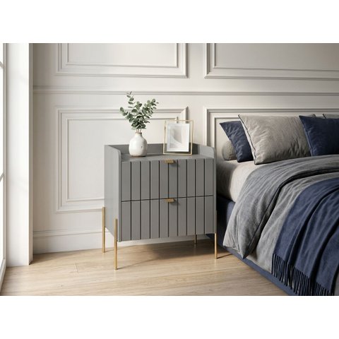 Mesinha Lateral para Cama Moriah Cinza  60cm Pés e Puxadores de Ferro Dourado
