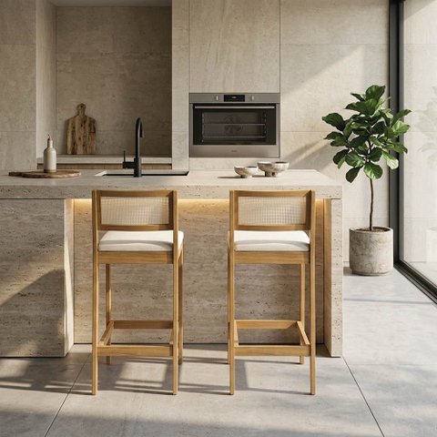 Banqueta Cozinha Média Madeira Castanho Kit 2 Encosto Palhinha Austria I03 - D'Rossi