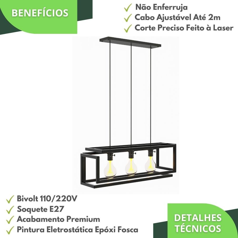 Pendente Luminária Industrial Preto Infinity Triplo - 3