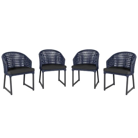 4 Cadeira Noronha Aluminio Micro Pintura Preta, Tr. Telinha Corda Nautica Azul Marinho, Estofado -