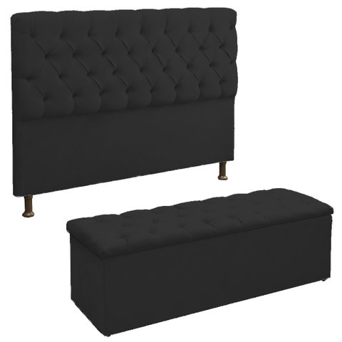 Conjunto Cabeceira e Recamier Baú Lana para Cama Box Casal 1.40 - Sv Decor:preto