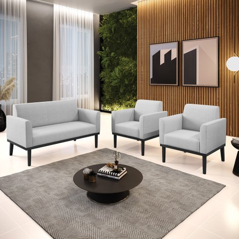 Conjunto 2 Poltronas e 1 Namoradeira Decorativa Karen Pés Fixo em Madeira Preto Linho Cinza G19 - Gr