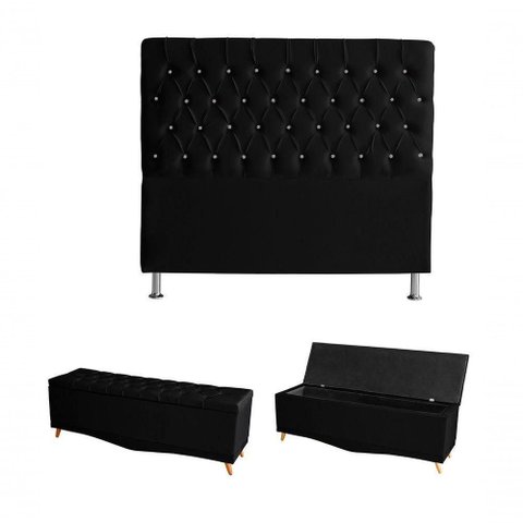 Kit Estrela Cabeceira de Cama Box e Calçadeira Baú Pés Palito Botão Cristal Queen 160 Cm Suede