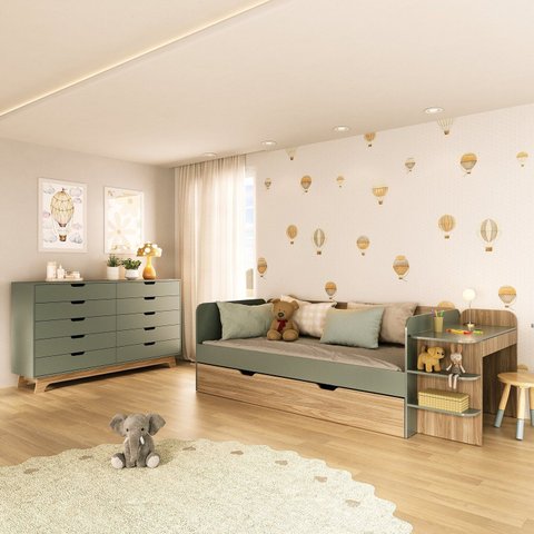 Quarto Infantil Cama de Solteiro 3 em 1 e Cômoda 10 Gavetas em MDF Premium Helena e Alice Verde/Verti/Louro Freijó Grann