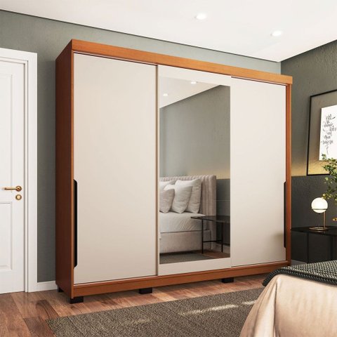 Guarda-roupa Casal Madrid 3 Portas 4 Gavetas com Espelho Creme/freijó - Politorno