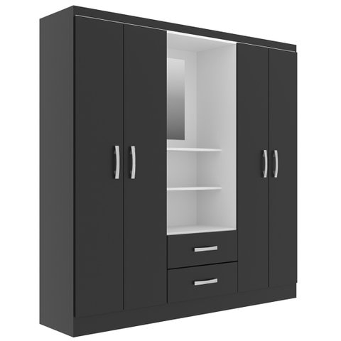 Guarda Roupa Capelinha Evidencia Solteiro com Espelho 4 Portas 2 Gavetas Cor Preto