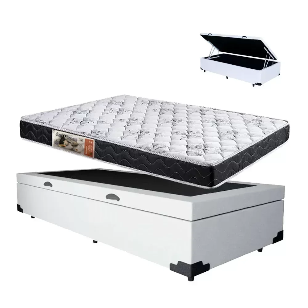 Cama Box Baú Branco Solteiro Colchão Mola Bonnel + 61x88x188