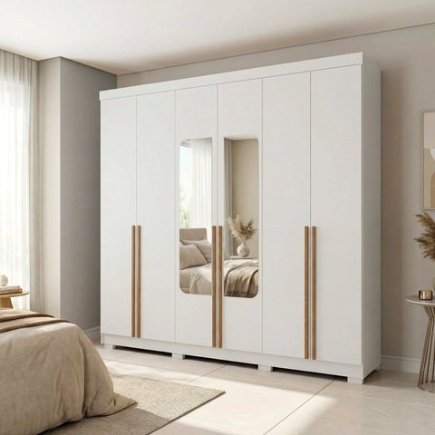Guarda-Roupa Casal 6 Portas 3 Gavetas com Espelho 100% MDF Napoli Off White/Nevaska
