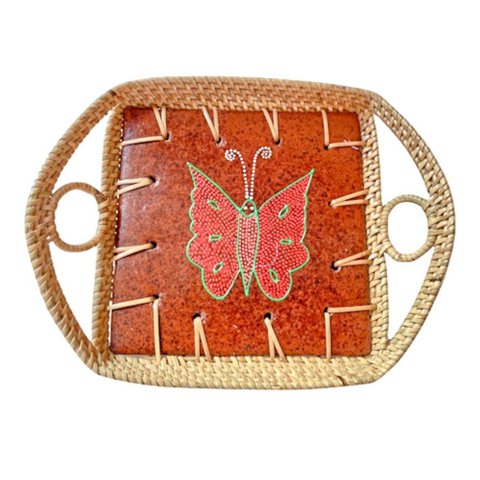 Bandeja Rattan e Ceramica Borboleta Pintada a Mao Indonesia