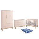 Ver imagem 1 de Dormitório Infantil Classic 3 Portas, Cômoda 1 Porta, Berço Rosa Fosco com Pés Madeira Natural e Col
