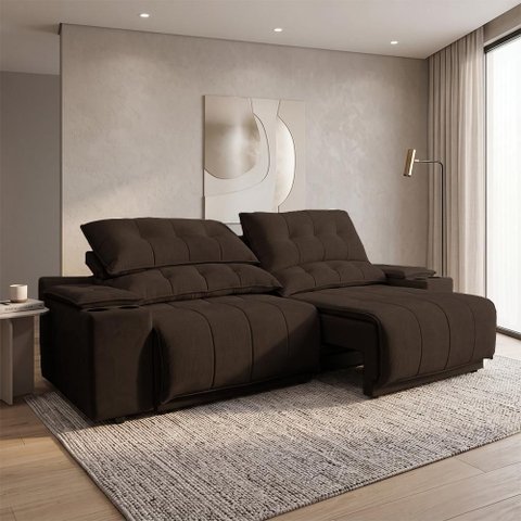 Sofá com Porta Copos Carregador USB Ret Rec Arizona 2,00m Velosuede - Netsofas - Marrom