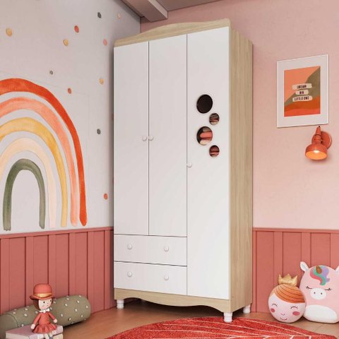 Guarda Roupa Infantil 91,5cm X 198cm C/ 3 Portas e 2 Gavetas Cor:carvalho Araguaia com Branco
