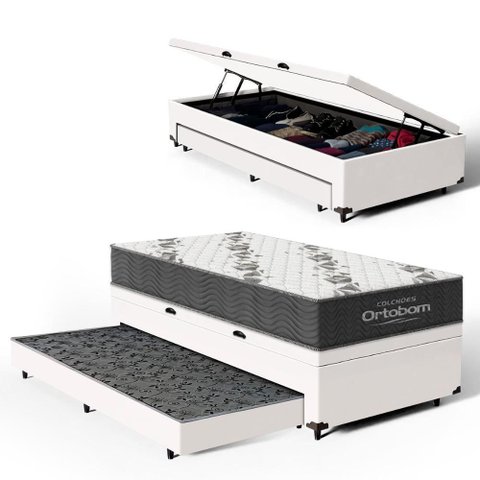 Cama Box Baú com Colchão de Espuma D33 Ortobom Airtech 100 + Auxiliar Unique Solteiro 88cm