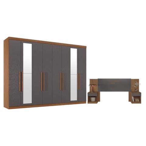 Guarda Roupa Casal Master New 8 Portas de Bater 4 Gavetas MDP com Espelho e Cabeceira Loanda Jatobá