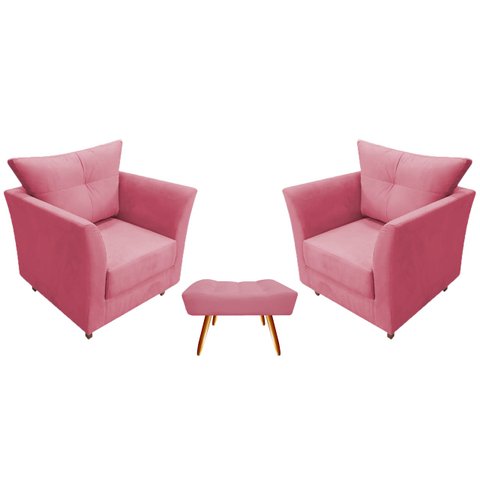 Kit 2 Poltronas Decorativa Isis + Puff Retangular Suede Rosa Pés Madeira Mz Decor