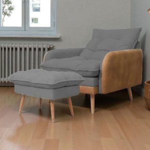 Poltrona de Amamentação Reclinável 5 Posições com Puff Linho Grafite com Corino Nozes