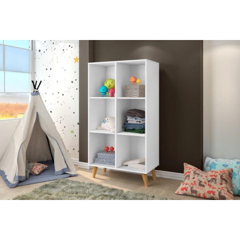 Estante Montessoriana com 6 Nichos Estilo Retrô com Pés em Madeira Cor Branco Ja