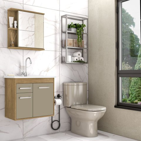 ​conjunto Banheiro Suspenso Santana 60cm Armário Completo Gabinete Cuba Espelheira