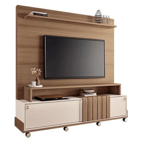 Estante Home Theater Bold Off White Castanho e Mesa de Centro Sky com Tampo de Vidro Off White- Hb M