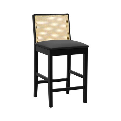 Banqueta Média Pérola Madeira Maciça com Telinha c/ 62cm Altura - Preto Assento Estofado Corano Pret