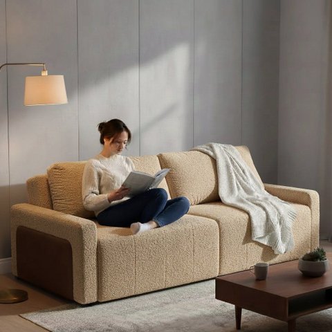 Sofá Cama Dublin, 1,90m Retrátil e Reclinável, Tecido Bouclé, Bege Molas Ensacadas.