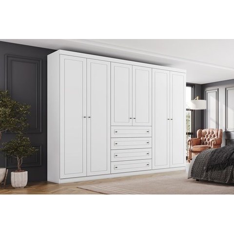 Guarda Roupa Casal Americano Branco 6 Portas 4 Gavetas Frente em MDF - Henn