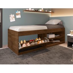 Cama Solteiro com Sapateira e Nicho para Organização e Armazenamento Prática Vanessa Framar Malbec - 1