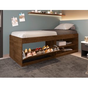 Cama Solteiro com Sapateira e Nicho para Organização e Armazenamento Prática Vanessa Framar Malbec