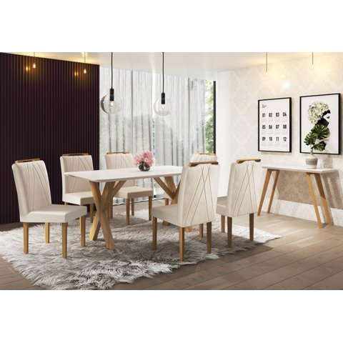 Conjunto Sala de Jantar 6 Lugares Mesa Munique e Cadeiras Safira Veludo Bege Areia