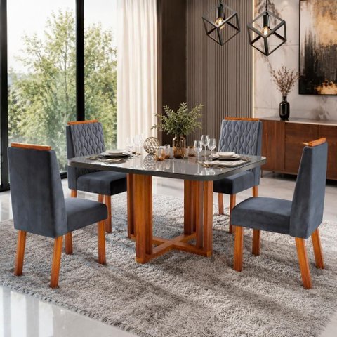 Sala de Jantar Paola 4 Lugares Tampo em Vidro Cadeiras Cinza 120cm Bom Pastor Móveis