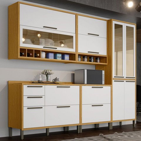 Armário de Cozinha com Balcão e Tampo 11 Portas 4 Gavetas Pérola 100% Mdf Vidro Reflecta Amêndoa/bra