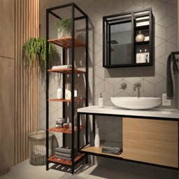 Conjunto Completo Kit Estante Espelheira Gabinete Para Banheiro Sublime Preto Industrial Com Madeira - 2 Conjunto Completo Kit Estante Espelheira Gabinete Para Banheiro Sublime Preto Industrial Com Madeira - 2