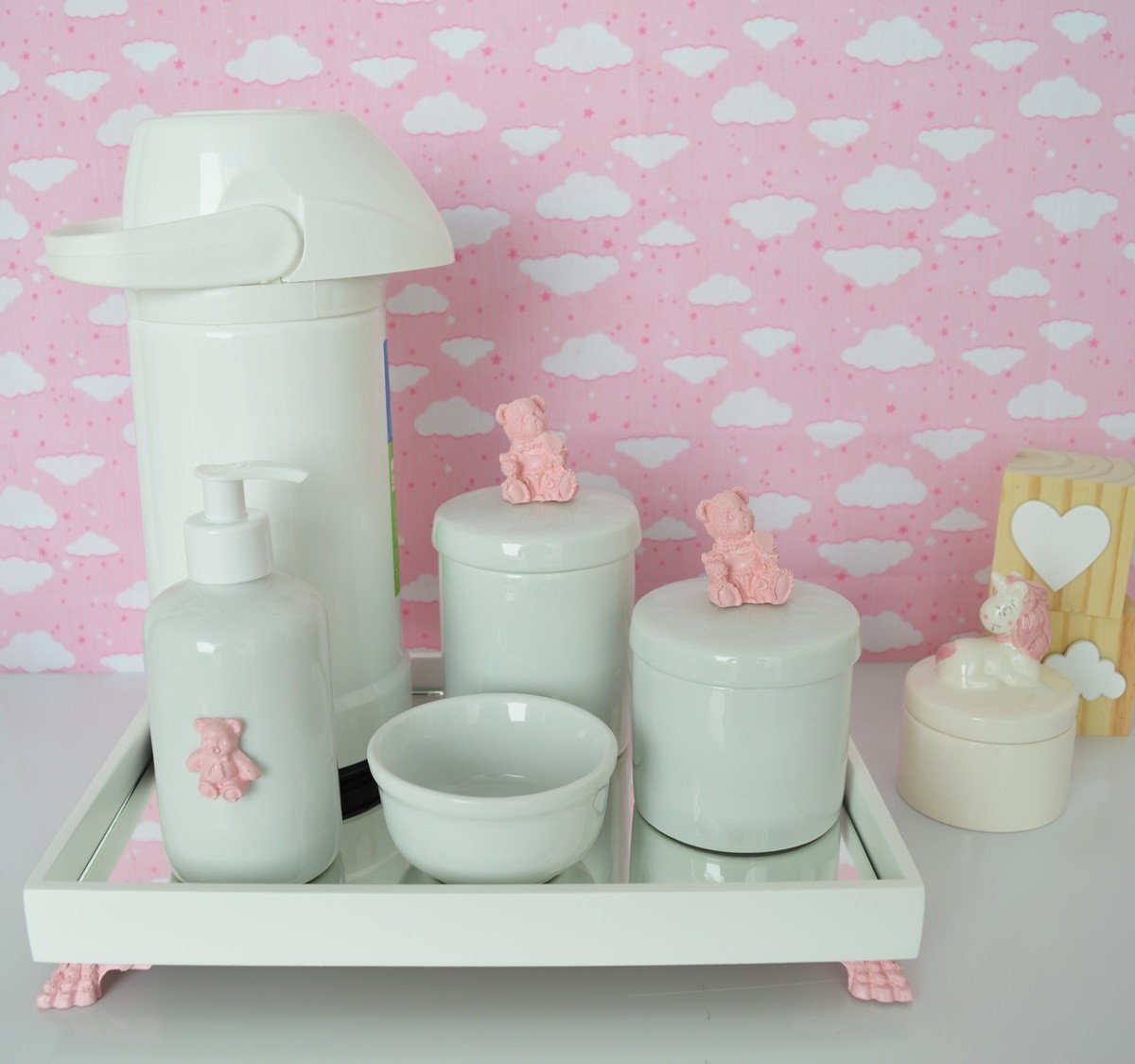 Kit Higiene Porcelana Decoração Bebê Maternidade + Térmica 500ml + Bandeja - Ursa Rosa.