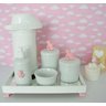 Kit Higiene Porcelana Decoração Bebê Maternidade + Térmica 500ml + Bandeja - Ursa Rosa. - 1